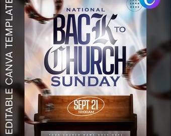 Può includere: Un volantino promozionale con il testo "NATIONAL BACK TO CHURCH SUNDAY" in grandi lettere blu scuro. La data "SEPT 21" e l'ora "10:00AM" sono visualizzate su un'illustrazione di una panca in legno. Il volantino include uno spazio per un logo e le informazioni di contatto della chiesa.