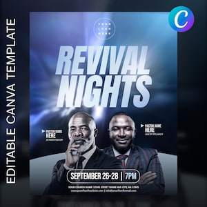 Peut inclure: Flyer promotionnel avec un fond dégradé bleu et violet. Le texte "REVIVAL NIGHTS" est bien en évidence. Deux hommes en costume sont présentés en dessous. Le flyer comprend les détails de l'événement : 26-28 septembre, 19h.