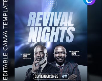 May include: A promotional flyer with a blue and purple gradient background. The text "REVIVAL NIGHTS" is prominently displayed. Two men in suits are featured below the text. The flyer includes event details: September 26-28, 7 PM.