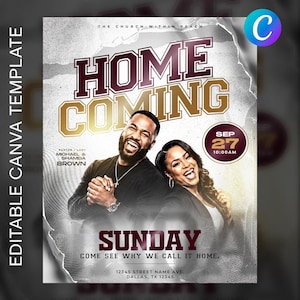 Puede incluir: Una plantilla de folleto para un evento de iglesia con un hombre y una mujer sonrientes. El texto dice HOMECOMING, PASTOR & LADY MICHAEL & SHAMEIA BROWN, SEP 27 10:00AM, SUNDAY, COME SEE WHY WE CALL IT HOME, y 12345 STREET NAME AVE. DALLAS, TX 12345.