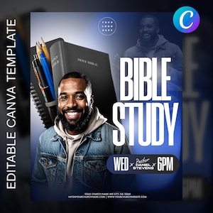 May include: A promotional graphic for a Bible study event. The design features a smiling man, a Bible, and the words "BIBLE STUDY" in large white letters. Additional text includes the day, time, and pastor's name. The background is a gradient of blue.