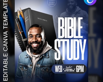May include: A promotional graphic for a Bible study event. The design features a smiling man, a Bible, and the words "BIBLE STUDY" in large white letters. Additional text includes the day, time, and pastor's name. The background is a gradient of blue.