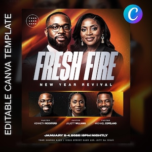 以下が含まれることがあります： 白字で「FRESH FIRE NEW YEAR REVIVAL」と書かれたプロモーションフライヤー。3人の牧師の画像とイベントの詳細（2026年1月2～4日、毎晩午後6時）が掲載されています。フライヤーはCanvaテンプレートです。