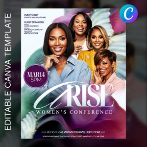 Puede incluir: Un cartel promocional para la "Conferencia de Mujeres RISE" con imágenes de mujeres sonriendo. El cartel incluye detalles del evento como la fecha, la hora y los oradores. El diseño incorpora un fondo degradado con el texto "RISE" en un lugar destacado.