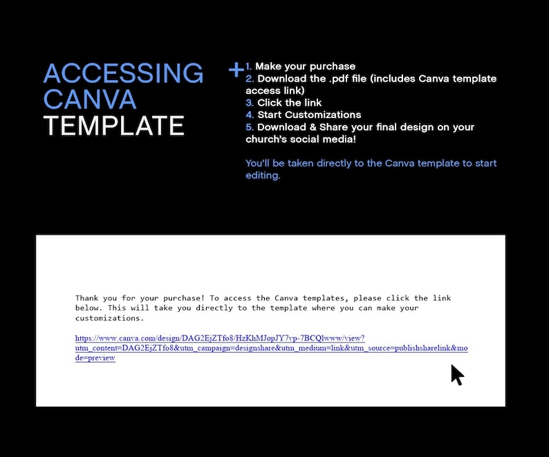 Op de afbeelding: Zwarte achtergrond met witte en blauwe tekst met de tekst "ACCESSING CANVA TEMPLATE". Er staan instructies om toegang te krijgen tot een Canva-sjabloon, inclusief het downloaden van een PDF en het klikken op een link. Er wordt ook een URL verstrekt.