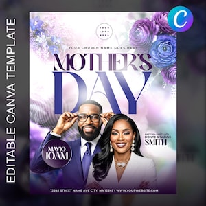 Op de afbeelding: Een Canva-sjabloon voor Moederdag met een paars en wit bloemendesign. De woorden "Mother's Day" staan prominent afgebeeld. De afbeelding bevat een foto van een lachend stel en evenementdetails.