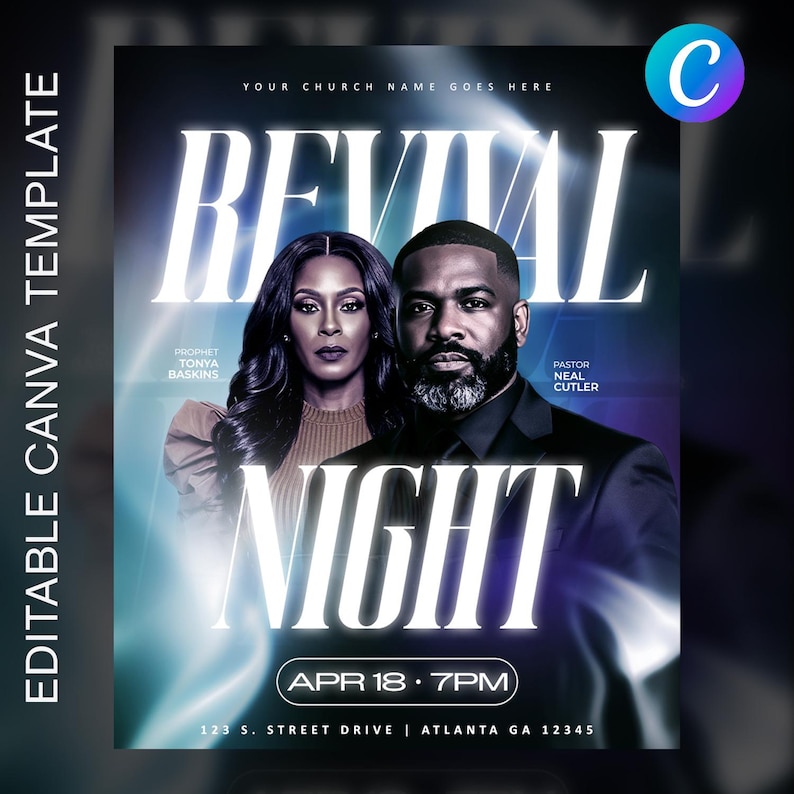 Revival Night Church Flyer | Redigerbar Canva-mall | Gudstjänstevenemang bild 1