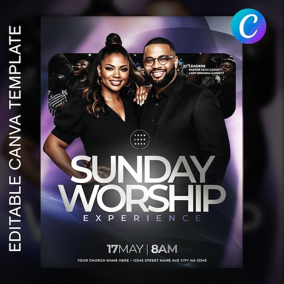 Sunday Worship Experience | Editable Canva Template | Church Service Flyer for In-Person or Online Service