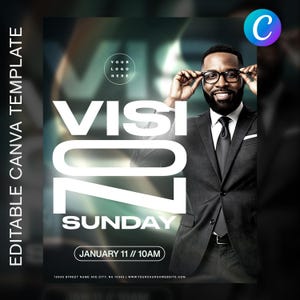 Puede incluir: Un cartel promocional con el texto "VISI 20 SUNDAY" en letras blancas grandes. El cartel presenta a un hombre con un traje sosteniendo gafas. También se muestra la fecha "ENERO 11 // 10AM". Las palabras "EDITABLE CANVA TEMPLATE" están en el lado izquierdo.