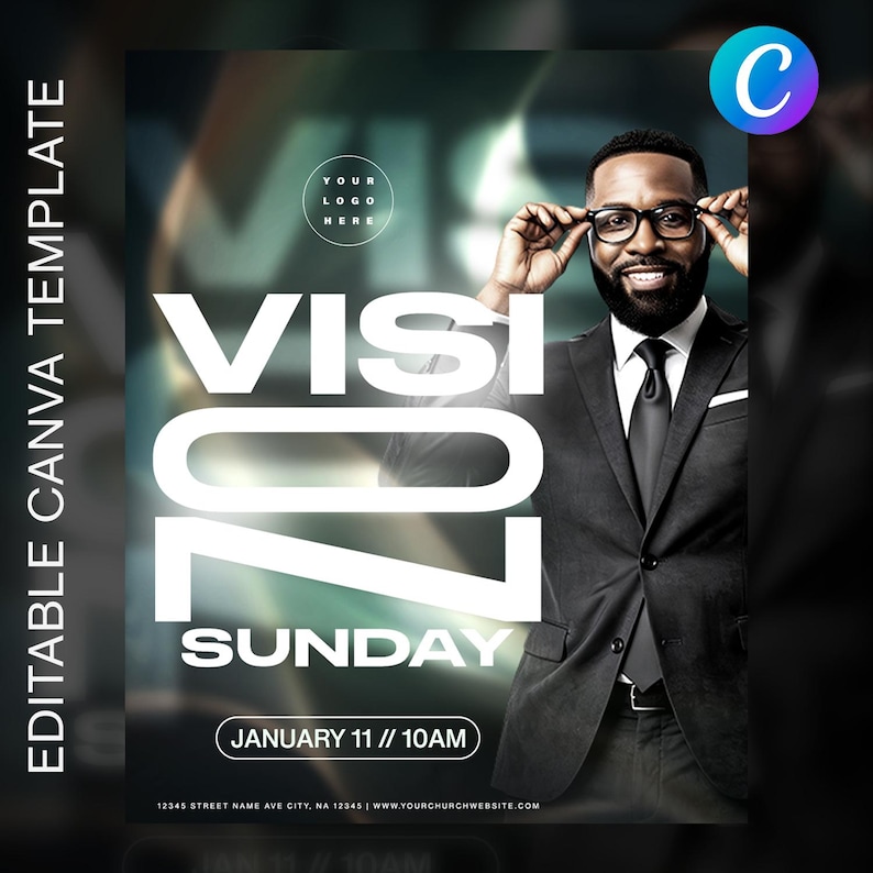 May include: A poster advertising an event, featuring the text "VISI 20 SUNDAY" in white. A man in a suit is holding glasses. The date "JANUARY 11 // 10AM" is displayed. The words "EDITABLE CANVA TEMPLATE" are on the left side of the poster.