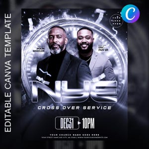 Puede incluir: Plantilla de volante digital para un servicio de cambio de a&ntilde;o. El dise&ntilde;o presenta a dos hombres, los pastores, con el texto "NYE" en letras grandes y met&aacute;licas. La fecha y la hora se muestran en la parte inferior, junto con los detalles de la iglesia.