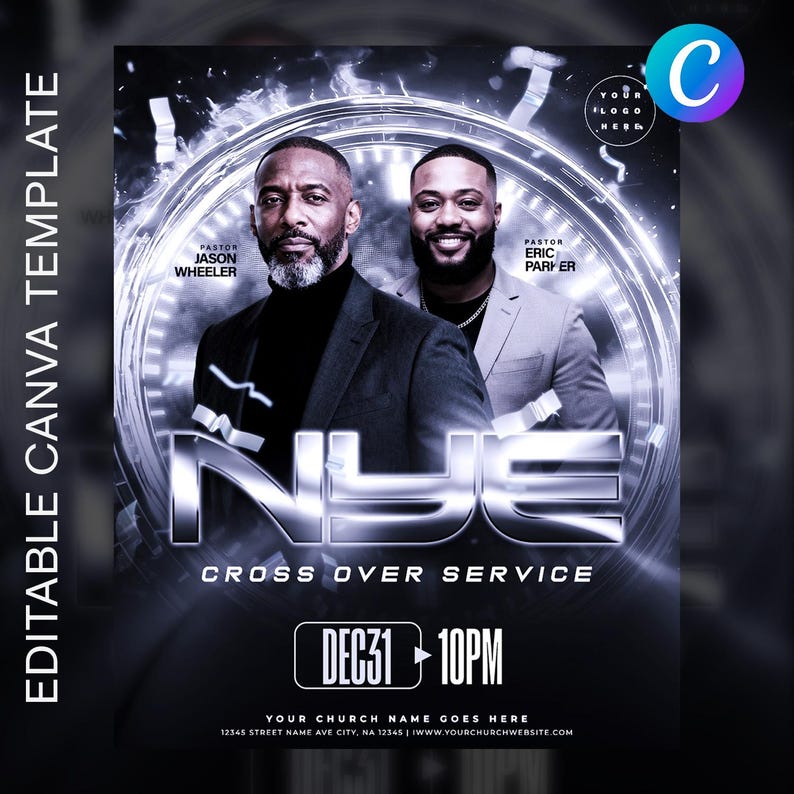 Puede incluir: Plantilla de volante digital para un servicio de cambio de a&ntilde;o. El dise&ntilde;o presenta a dos hombres, los pastores, con el texto "NYE" en letras grandes y met&aacute;licas. La fecha y la hora se muestran en la parte inferior, junto con los detalles de la iglesia.