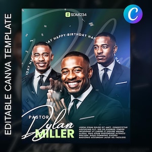 Può includere: Un modello Canva con uno sfondo sfumato blu e verde con tre immagini di un uomo sorridente in giacca e cravatta. Il testo recita "Pastor Dylan Miller" e "Buon Compleanno". Include il testo "Modello Canva modificabile".