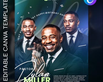 Può includere: Un modello Canva con uno sfondo sfumato blu e verde con tre immagini di un uomo sorridente in giacca e cravatta. Il testo recita "Pastor Dylan Miller" e "Buon Compleanno". Include il testo "Modello Canva modificabile".