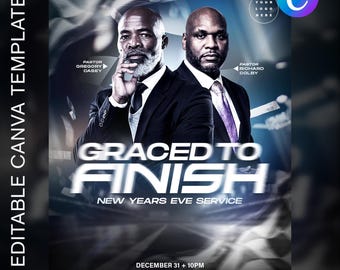Plantilla de volante para la iglesia con la gracia de terminar el servicio de Nochevieja / Canva editable / Diseño cruzado de la noche de vigilancia para los servicios de Nochevieja