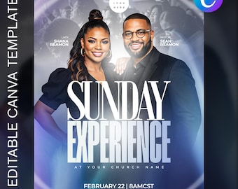 Może przedstawiać: Ulotka promocyjna z tekstem "SUNDAY EXPERIENCE" dużymi białymi literami. Ulotka przedstawia dwie uśmiechnięte osoby, kobietę i mężczyznę, z nazwiskami "SHANA BEAMON" i "SEAN BEAMON" pod nimi. Ulotka zawiera również datę "FEBRUARY 22" i godzinę "8AMCST".