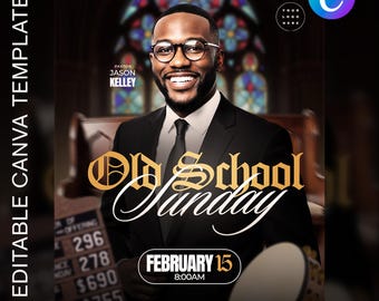 Pode incluir: Um flyer promocional para "Old School Sunday" com um homem sorrindo de terno e óculos. O flyer inclui a data de 15 de fevereiro e o horário das 8h00, com o texto "EDITABLE CANVA TEMPLATE" no lado esquerdo.