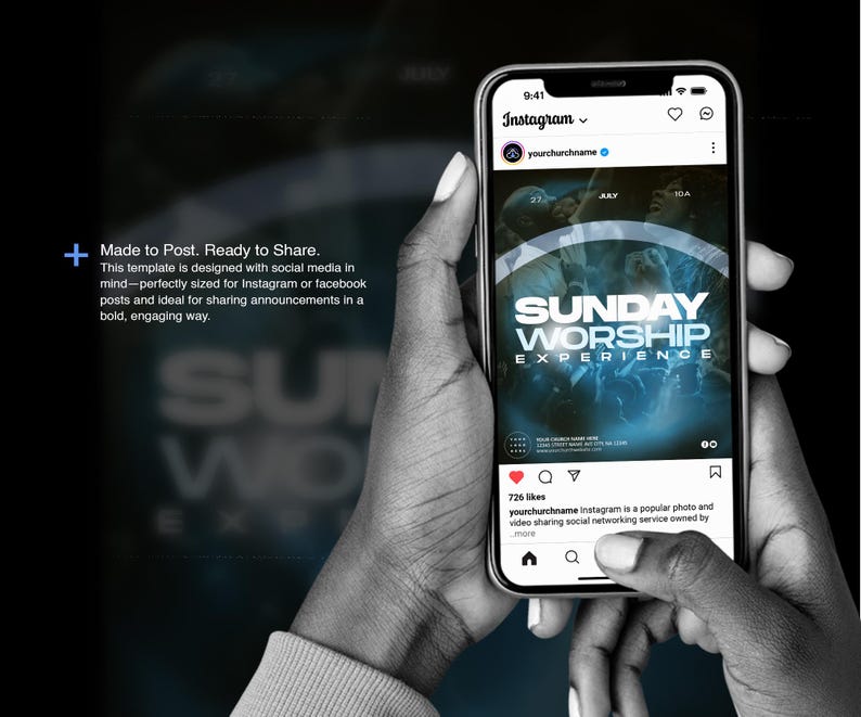 May include: A smartphone displaying an Instagram post with the text "SUNDAY WORSHIP EXPERIENCE." The phone is held in two hands against a dark background. The post includes the church's name and a call to action.