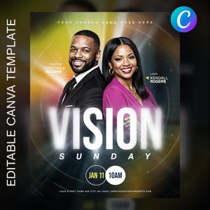 Op de afbeelding: Een promotieposter met de tekst "VISION SUNDAY" in grote witte letters. De poster toont twee lachende mensen, een man en een vrouw, en bevat de datum "JAN 11 10AM". De woorden "EDITABLE CANVA TEMPLATE" staan aan de linkerkant.