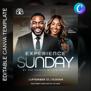 May include: A digital flyer template featuring a smiling man in a suit and a woman, with text reading Experience Sunday at the Church Within Reach, Lead Pastor Michael Singleton, Lady Christy Singleton, September 13, 10:00AM, 1245 Street Name Ave City, NA 12345.