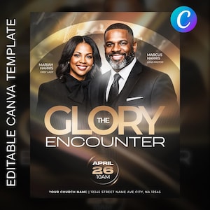 Op de afbeelding: Promotieflyer in zwart en goud met twee lachende mensen. De tekst "The Glory Encounter" staat prominent in goud. De datum en tijd van het evenement worden ook getoond, samen met de gegevens van de kerk.
