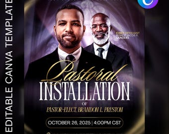 Peut inclure: Flyer promotionnel avec un fond sombre présentant deux hommes en costume. Le texte "Pastoral Installation" est affiché en évidence en script doré, avec les détails de l'événement ci-dessous. Le flyer comprend le texte "October 26, 2025 | 4:00PM CST".