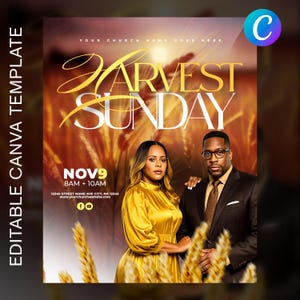 Peut inclure: Affiche promotionnelle pour le dimanche de la récolte, avec un couple en tenue de soirée. L'affiche a une palette de couleurs chaudes avec le texte "Harvest Sunday" en grande police élégante. Le texte comprend également la date, l'heure et le site web de l'église.