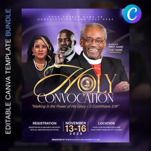 以下が含まれることがあります： 紫と金の聖会イベントのチラシ。チラシには3人の人物の写真、「Holy Convocation」の文字、イベントの詳細が含まれています。「Editable Canva Template Bundle」の文字が左側にあります。