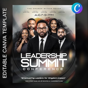 May include: A digital flyer template for a Leadership Summit Conference featuring five people in professional attire. Text includes The Church Within Reach, Aug 7-9 7PM, Leadership Summit Conference, and Empowering Leaders for Kingdom Impact.