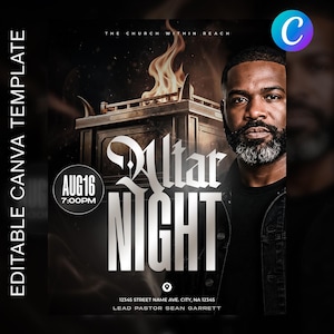 Può includere: Un modello di volantino digitale modificabile per Altar Night con un uomo con la barba, un altare in fiamme e il testo: The Church Within Reach, Altar Night, Aug 16 7:00PM, 12345 Street Name Ave. City, NA 12345, e Lead Pastor Sean Garrett.