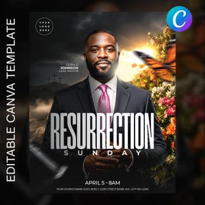 May include: A promotional poster for Resurrection Sunday. The image features a man in a suit with the text "Resurrection Sunday" in large white letters. The poster includes the date "April 5 • 8AM" and the text "Your Church Name Goes Here".