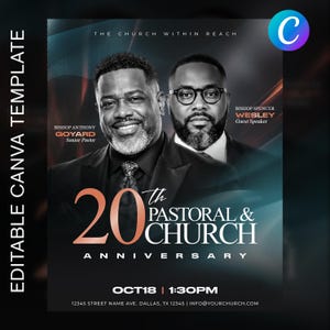 Op de afbeelding: Een digitale flyer-sjabloon voor een 20-jarig pastoraal en kerkjubileum met portretten van bisschop Anthony Goyard en gastspreker bisschop Spencer Wesley, inclusief evenementdetails voor 18 oktober om 13:30 uur in Dallas, Texas.