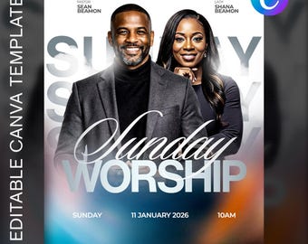May include: A promotional poster with the text "Sunday Worship" in a stylized font. The poster features a smiling man and woman, with the text "Pastor Sean Beamon" and "Lady Shana Beamon". The date is January 11, 2026, at 10 AM.