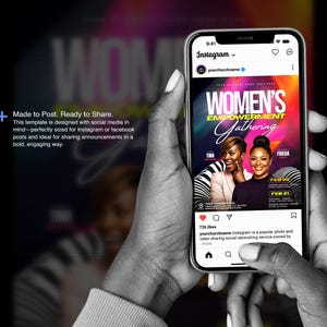 K&ouml;nnte beinhalten: Ein Smartphone zeigt einen Instagram-Beitrag f&uuml;r ein "Women's Empowerment Gathering". Der Beitrag zeigt zwei Frauen, Veranstaltungsdetails und den Text "Made to Post. Ready to Share". Das Telefon wird in Graustufen-H&auml;nden gehalten.