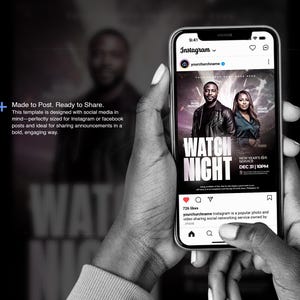 May include: A smartphone displays an Instagram post for a "Watch Night" New Year's Eve service. The post features two people and the date December 31st at 10 PM. The phone is held in a person's hands.