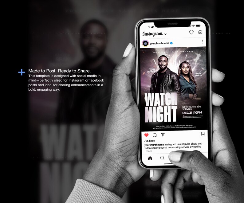 May include: A smartphone displays an Instagram post for a "Watch Night" New Year's Eve service. The post features two people and the date December 31st at 10 PM. The phone is held in a person's hands.