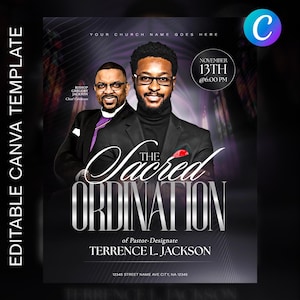 May include: A promotional flyer for a church event. The flyer features two men in suits, with the text "The Sacred Ordination" in large, stylized letters. Additional text includes the date, time, and location of the event.