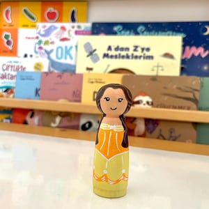 Hand-Painted Belle Peg Doll – Wooden Beauty and the Beast Princess – Fairytale Toy Gifts