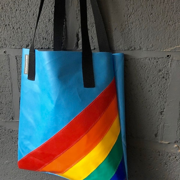 Up cycled Salvaged Bouncy Castle PVC Sky Pastel Blue and Rainbow Vegan Eco Friendly Tote Shopper Bag