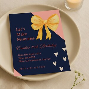 Modèle modifiable d'invitation d'anniversaire de fille | Faire-part rose et bleu marine | Modèle Canvas à téléchargement immédiat | Carte 10e anniversaire