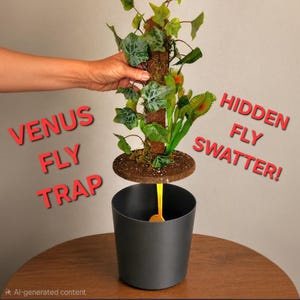 May include: A Venus fly trap plant with green leaves and a mossy pole, featuring a yellow fly swatter hidden inside a dark gray cylindrical pot. The text VENUS FLY TRAP and HIDDEN FLY SWATTER! is displayed in red letters around the plant.