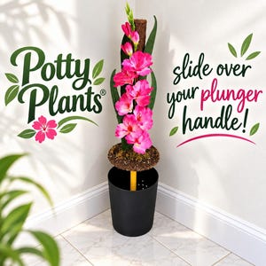 May include: A black cylindrical container with a yellow handle protruding from the center, topped with a circular brown base and a tall vertical stem featuring bright pink flowers and green leaves, with text reading Potty Plants and slide over your plunger handle.