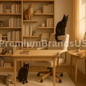 May include: A light wood bookshelf with multiple shelves filled with books. There are several cats in the room, including a black cat sitting on a chair, a brown tabby cat sitting on a shelf, and a white cat sitting on the floor. There is a wooden table with a book on it.