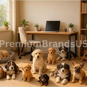 以下が含まれることがあります： さまざまな品種と色の11匹の犬が、薄い茶色の木製の床に座ったり横になったりしています。犬たちは、机、椅子、本棚のあるリビングルームにいます。