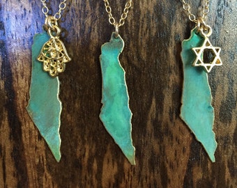 Israel Patina Necklace with optional  hamsa, star or heart cut out