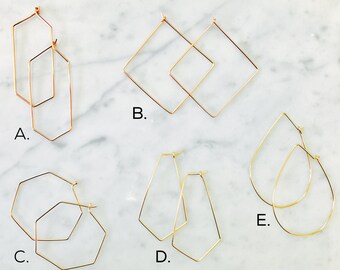 Minimalist Hoop Earrings gold,rose gold,sterling,modern,hexagon,Raindrop,Kite,Diamond,geometric,minimalist,gift idea,christmas present