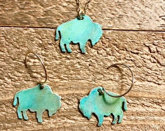 Mini Patina Buffalo Necklace or Earrings-Wyoming,Colorado, yellowstone,buffalo,gold,brass,patina,turquoise,bison,gift idea,christmas present