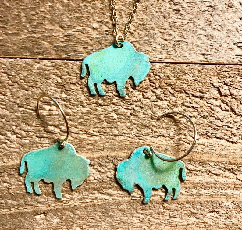 Mini Patina Buffalo Necklace or Earrings-Wyoming,Colorado, yellowstone,buffalo,gold,brass,patina,turquoise,bison,gift idea,christmas present image 1