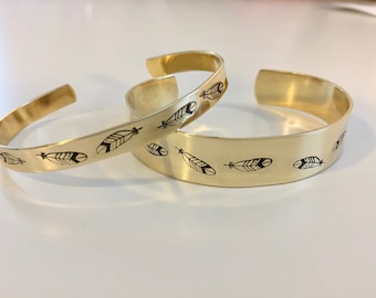 Feathers Brass Stamped Bracelet-Names, Dates, Roman Numerals, Coordinates, Messages, #Instagram, cuffs, custom, gift idea,christmas present