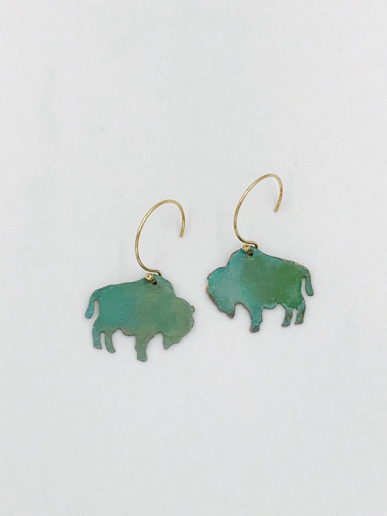 Mini Patina Buffalo Necklace or Earrings-Wyoming,Colorado, yellowstone,buffalo,gold,brass,patina,turquoise,bison,gift idea,christmas present image 3